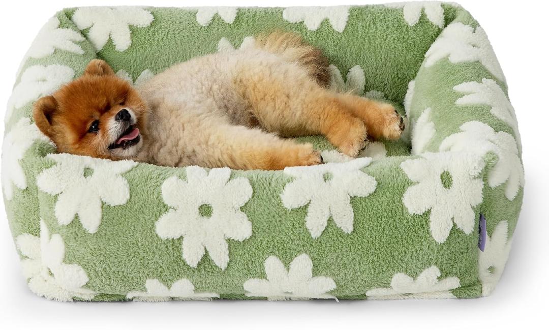 Lesure Cute Dog Bed for Small Dogs - Washable Puppy Beds,Cozy Rectangle Orthopedic Pet Sofa with Jacquard Shaggy Plush & Anti Slip Bottom,25x21x7inches (Flower Garden Green)