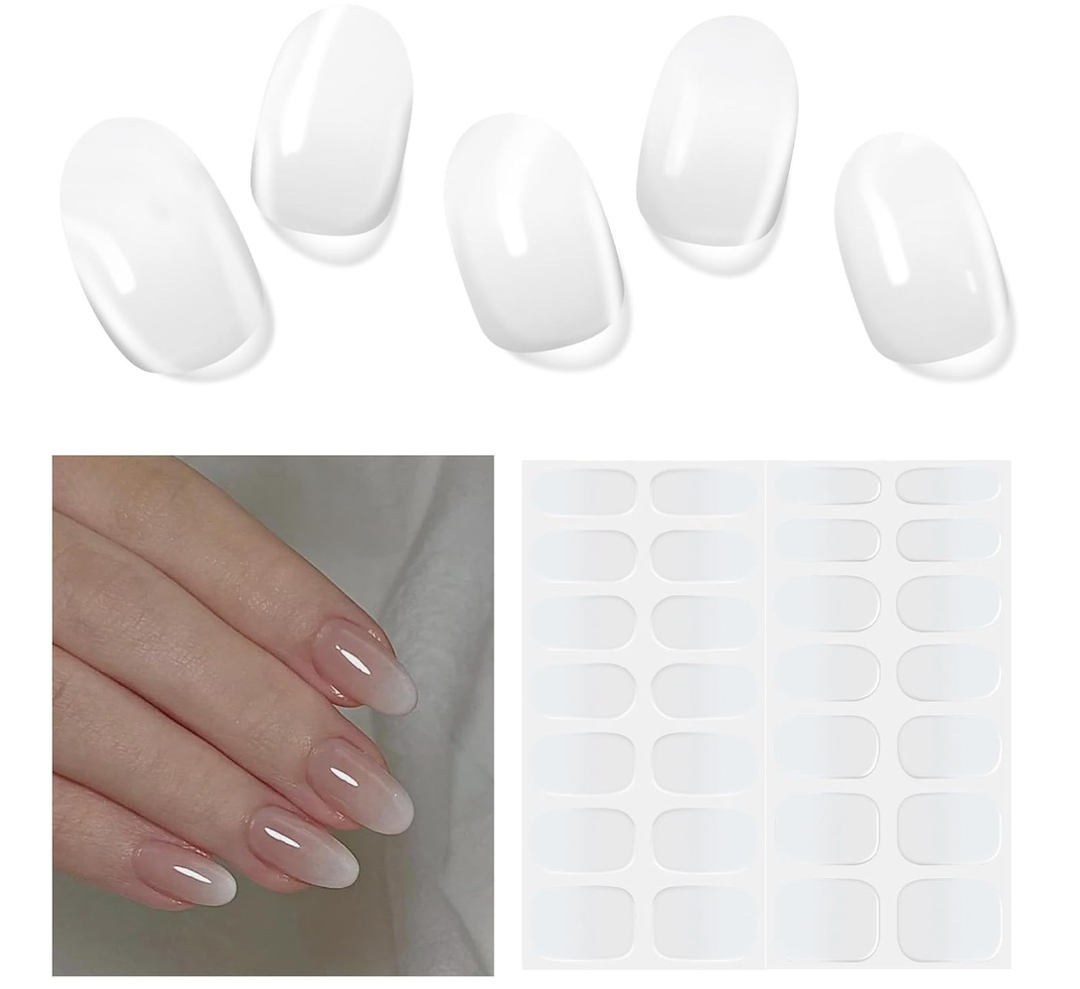 Semi Cured Gel Nail Strips, 28 pcs Gel Nail Stickers Work with Any UV Lamp, Long Lasting Nail Wraps for Women at Home DIY Nail Art (Clear Ombre)