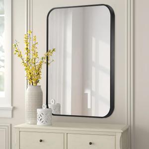 FARMER 16x24 Inch Black Bathroom Mirror, Brushed Rectangle Vanity Mirrors for Wall, Metal Frame Wall Mirror, Vanity Mirror with Round Corner for Bedrooms, Entryways, Living Rooms, Horizontal/Vertical