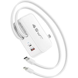 Retractable iPhone Charger Fast Charging,4 in 1 Retractable Wall Charger 45W Travel Essentials Multiport Plug Foldable Block Lightning &USB C Cables for iPhone 17Pro Max/16/15/14/13/12/11,iPad,AirPods