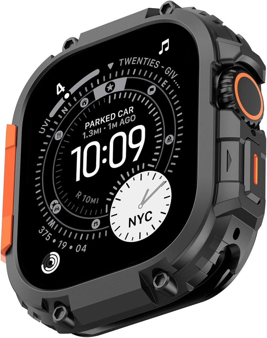 Amizee 2 in 1 Metal Armor Case for Apple Watch Ultra 3/2/1 49mm with Back Cover, Military Grade Protection Rugged Protective Bumper Cover for iWatch 49mm, Black/Orange