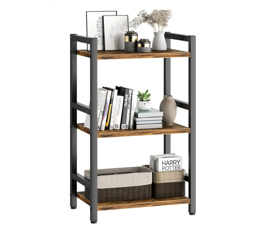 Book Shelf, 3 Tier Bookcase with Steel Frame, Stable Bookshelf Narrow Book Shelves Storage Organizer for Book CD Movie, Open Book Shelves for Living Room, Home Office, Study, Rustic Brown