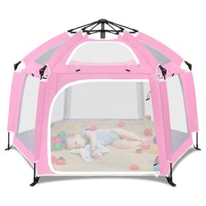 Zooawa Pop Up Playpen for Baby, Portable Playpen for Babies and Toddlers with Removable Sun-Shades& 2 Side UV Covers, Lightweight Outdoor Baby Play-Pen for Beach Home with Travel Bag, Pink & Gray