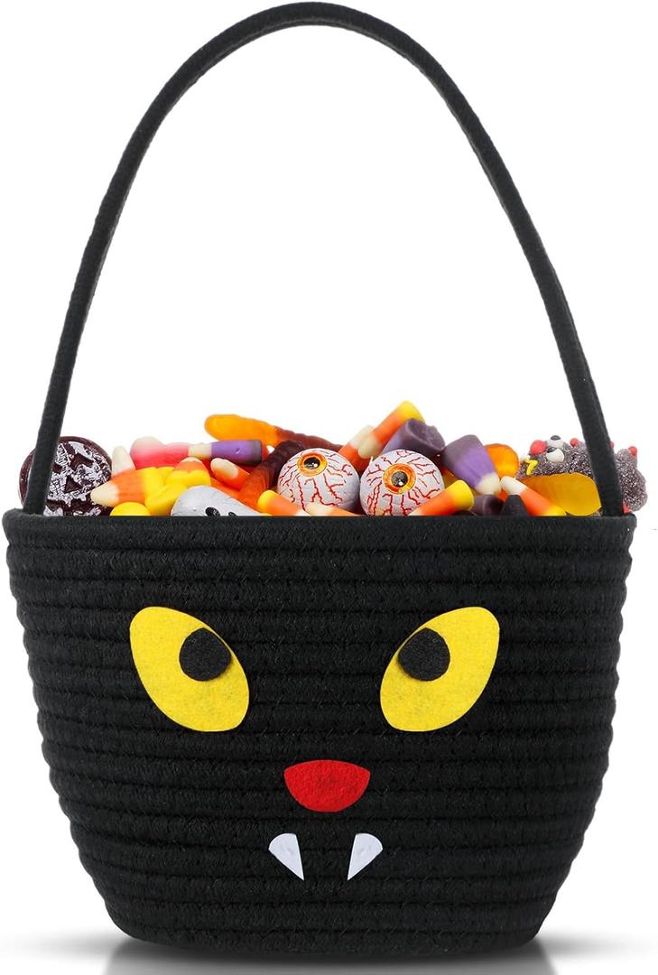 Halloween Basket with Handle Cute Bucket Cotton Rope Woven Candy Server Bag Pumpkin Witch Cat Pig Storage Basket for Halloween Party Favor(Cat,Black,1 Pack)