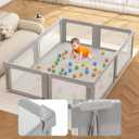Baby Playpen, 73" x 61" Large Foldable Playpen with Mat for Babies and Toddlers, Play Pen with Soft Breathable Mesh, Ocean Balls and Pull Links, Baby Playard for Indoor & Outdoor, Gray
