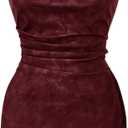 RoseSeek Women's PU Leather Ruched Bodycon Dresses Mock Neck Sleeveless Zipper Mini Tank Dress Burgundy Medium
