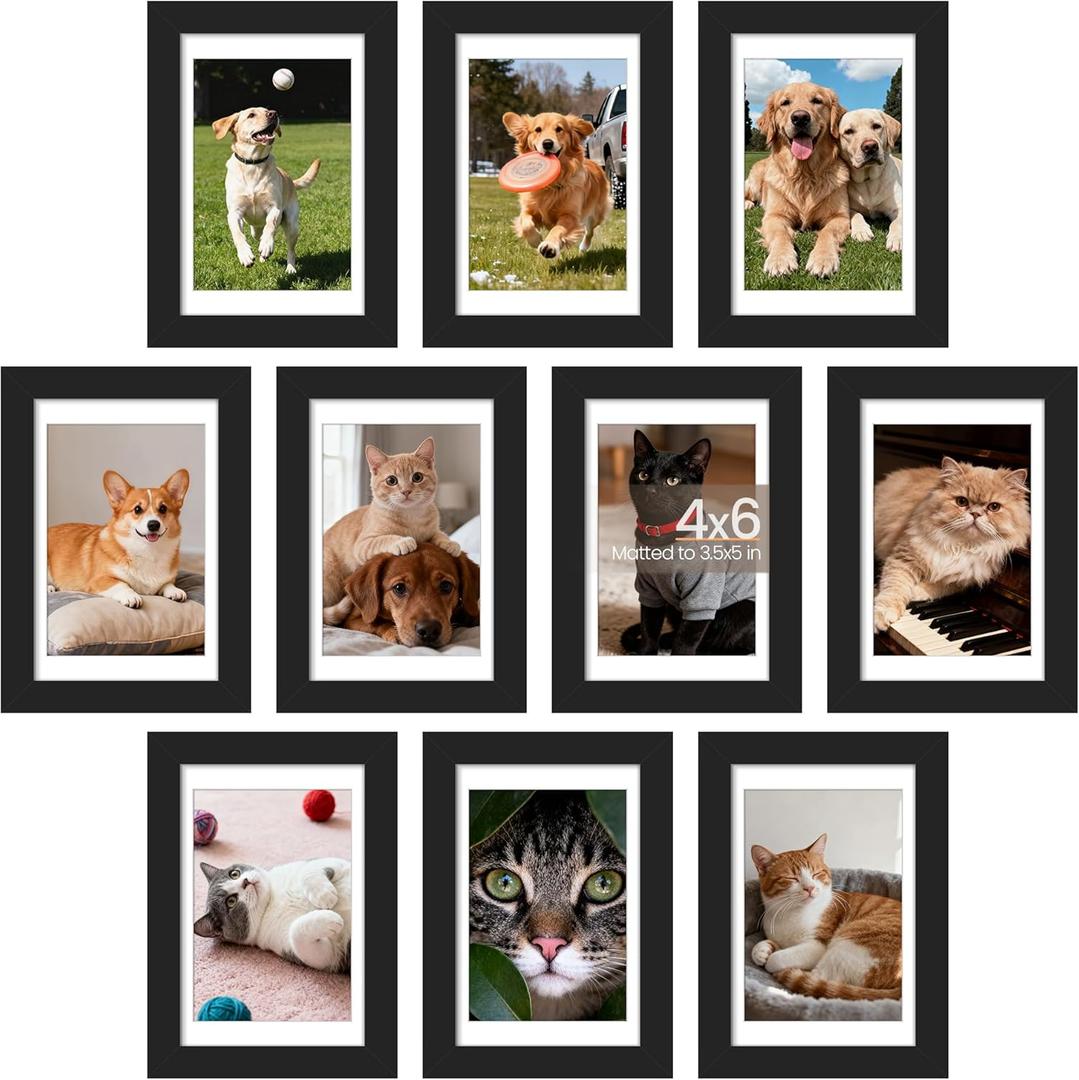 upsimples 4x6 Picture Frame Set of 10, Display Pictures 3.5x5 with Mat or 4x6 Without, Multi Photo Frames Collage for Wall or Tabletop Display, Black