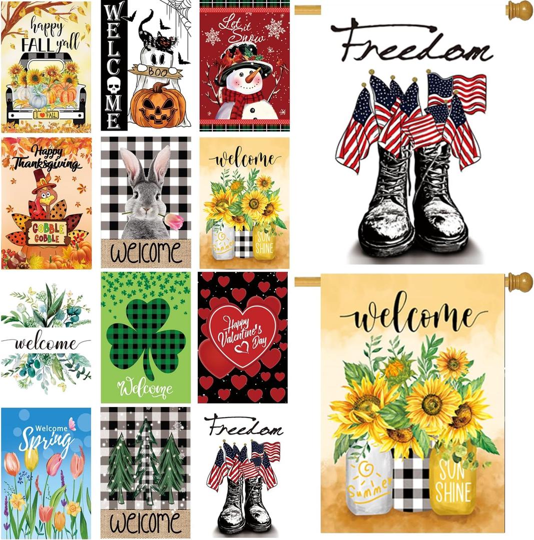 Seasonal Garden Flags Set of 12 Double Sided 28 x 40 Inch Yard Flags, Large House Flags for Outside, Fall Winter Halloween Christmas Outdoor Flags, Holiday Garden Flags for All Seasons