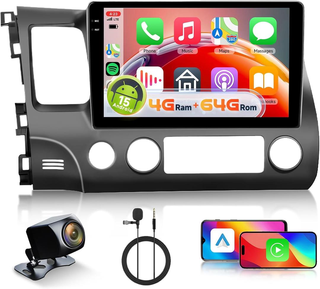 [4+64G] Android 15 Car Radio Stereo for Honda Civic 2006-2011 with Wireless CarPlay & Android Auto, 10.1 Inch in-Cell Screen Car Auido with AHD Backup Camera GPS WiFi FM RDS Radio EQ SWC