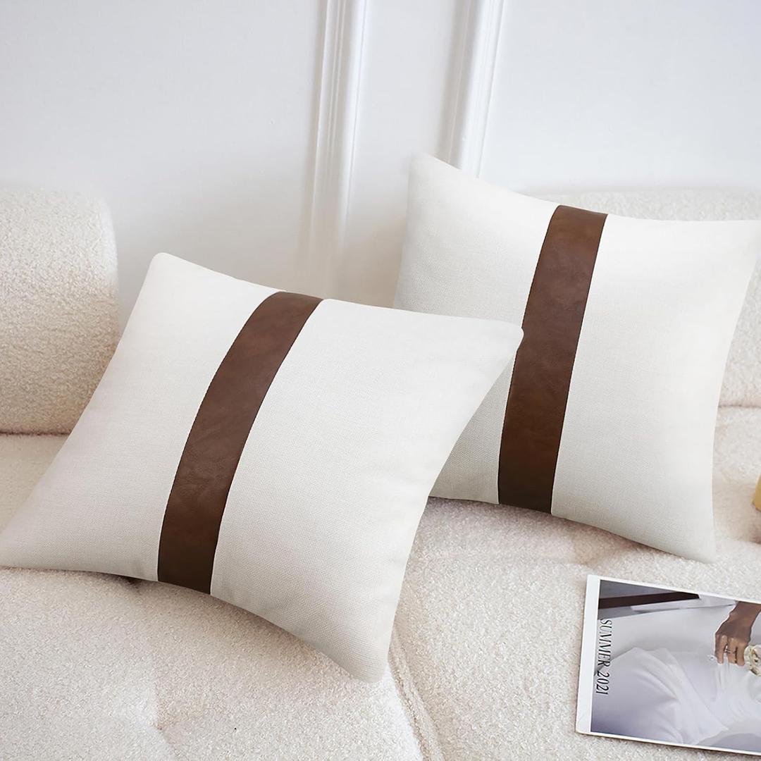 cygnus Farmhouse Decorative Throw Pillow Covers 22x22 inch Set of 2 White and Brown Faux Leather Pillow Covers Accent for Couch Sofa Bedroom Livingroom,Modern Boho Decor