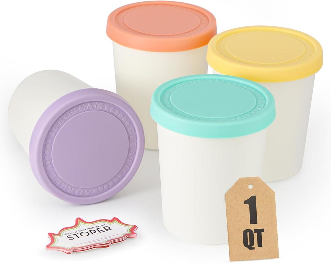 Set of 4 Ice Cream Containers for Homemade Ice Cream1 Quart EachReusable Freezer Storage Containers Cups with Lids for Frozen GelatoYogurt, SorbetLarge Pint Containers with Stickers and Lids