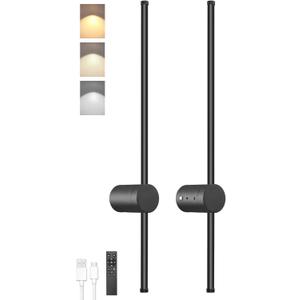 BLUEYE 39-Inch Battery Operated Wall Sconce Set of Two,Remote Control,3CCT,Aluminum,60W Equivalent Rechargeable Picture Light,Aesthetic Decor,For Living room,Hallway,Bedroom,Non-Hardwired/Power outage (Black)