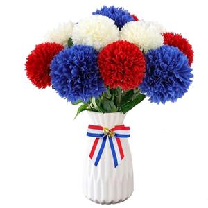 Hananona 12 Pcs Artificial Chrysanthemums Flowers Patriotic Flower, 4th of July Fake Mums Flowers Silk for Home Decor Indoor Memorial Day Table Centerpiece Vase not Included (12, Red, White, Blue)