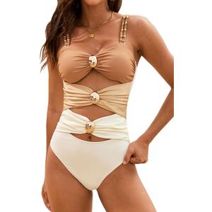 Women's One Piece Swimsuits Cutout Sexy Bathing Suits Retro Adjustable Straps Swimwear (Large, Khaki)