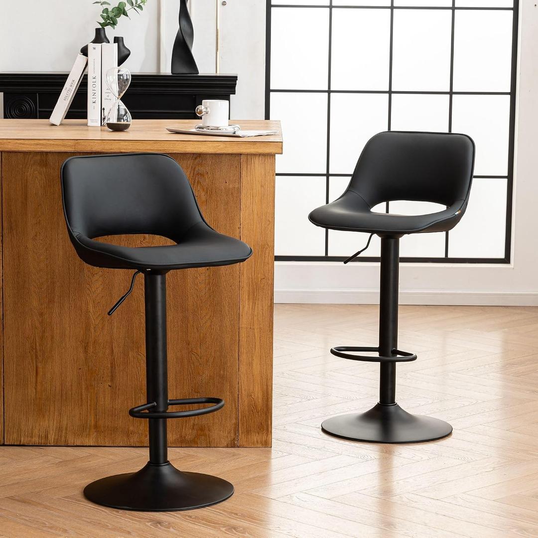 YOUNIKE Black Bar Stools Set of 2 Compact Modern Swivel Barstools, Adjustable Counter Height Bar Stools Faux Leather Upholstered Bar Stool with Hollow Back for Kitchen Island, Medium