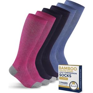 Pembrook Bamboo Viscose Light Compression Socks - 3 Pairs | 8-15 mmhg Compression Socks | Knee High Comfort Support Socks (Medium, Blue/Pink/Purple - 3 Pairs)
