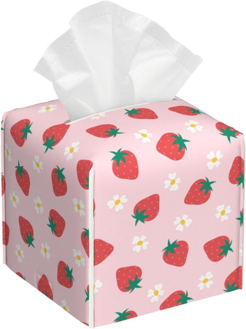 Strawberry Tissue Box Holder Paper Organizer, PU Leather Tissue Case Cover, Strawberry Decor for Bathroom, Kitchen, Car