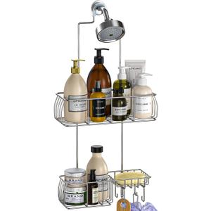 Epicano Anti-Swing Hanging Shower Caddy Stainless Steel 304, Over Head Shower Caddy Rustproof with hooks for Towels, Sponge and more, Chrome (Silver)