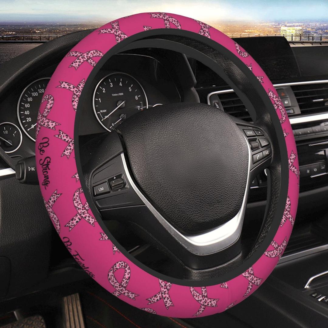 Be Strong Be Fearless Steering Wheel Cover for Women Men, Pink Ribbon Breast Cancer Survivor Awareness Neoprene Steering Wheel Protector Case Soft Elastic Universal Auto Car Accessories Decor 15 Inch