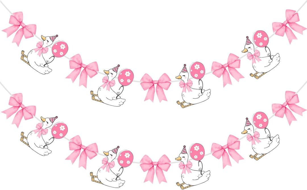 2 Set Goose Theme Banner- Pink One Silly Goose with Bow Style Banner for Birthday Decor & Animal Theme Baby Shower Party Supplies