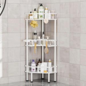 FJNATINH Corner Shower Caddy - 3 Tier Shower Organizer Corner Shelf Stainless Steel Floor Corner Shower Stand Rack for Bathroom Balcony Kitchen, Large Storage Capacity, Adjustable Legs, White