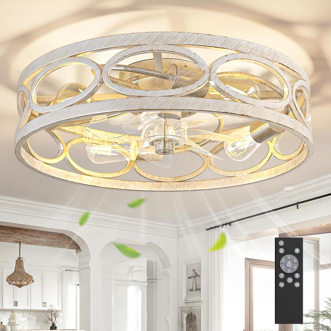 G-SAFAVA 20" Ceiling Fans with Lights and Remote, 6 Wind Speeds 3 Timing Quiet Flush Mount Low Profile Caged Ceiling Fan for Bedroom Living Room Kitchen, Farmhouse Small Reversible Ceiling Fan, White