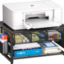 Marbrasse Metal Printer Stand for Desk with Storage Drawer and 2 Pen Holders, 2-Tier Desktop Organizer Printer Table for Home Office, Multi-Purpose Desk Organizer for Fax Machine Scanner Files(Black)