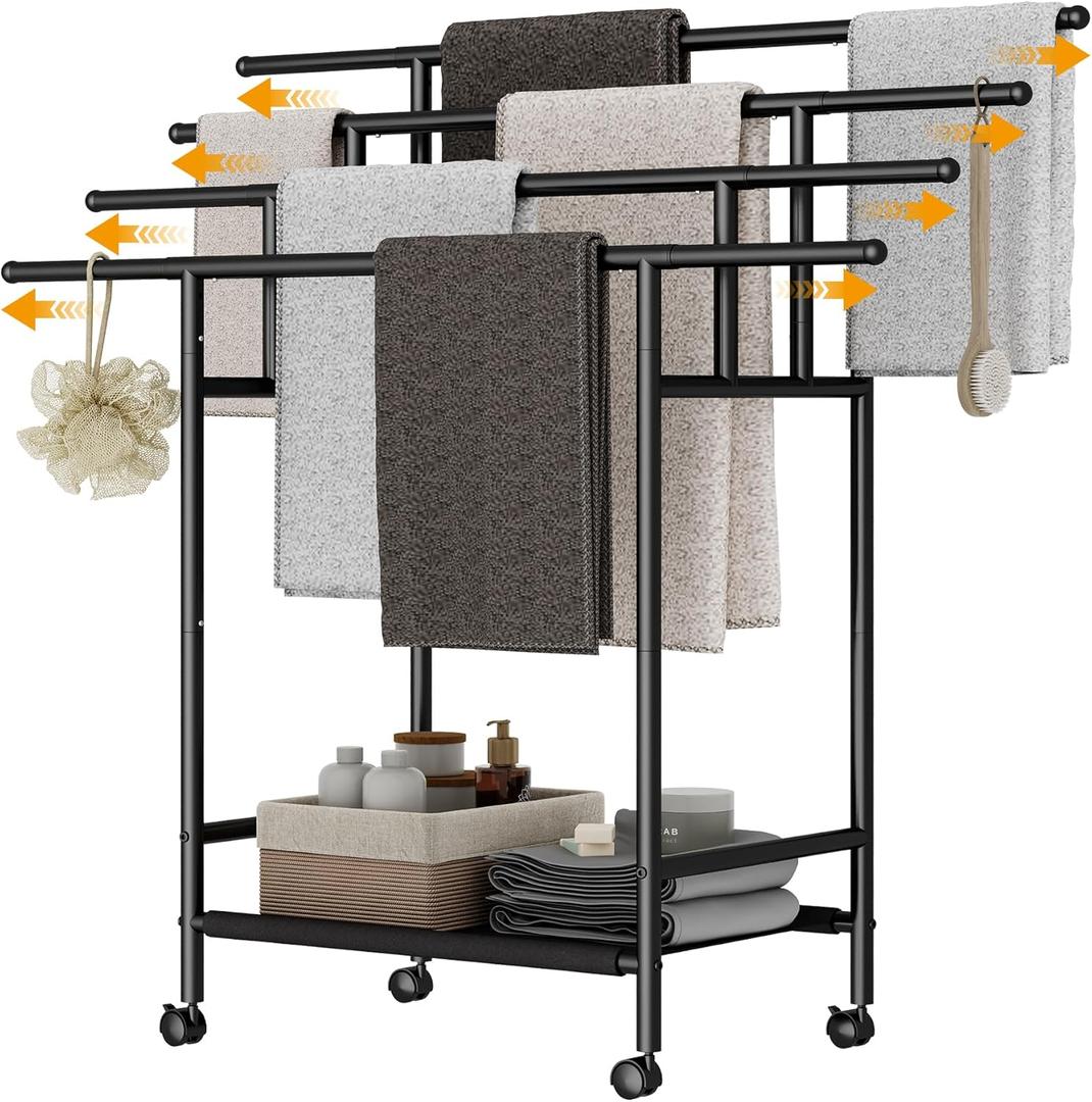 Homeiju Expandable Free Standing Towel Rack for Bathroom, 4 Tier Blanket Rack, Adjustable Blanket Holder for Bathroom, Towel Drying Rack Stand for Outdoor, Poolside, Black