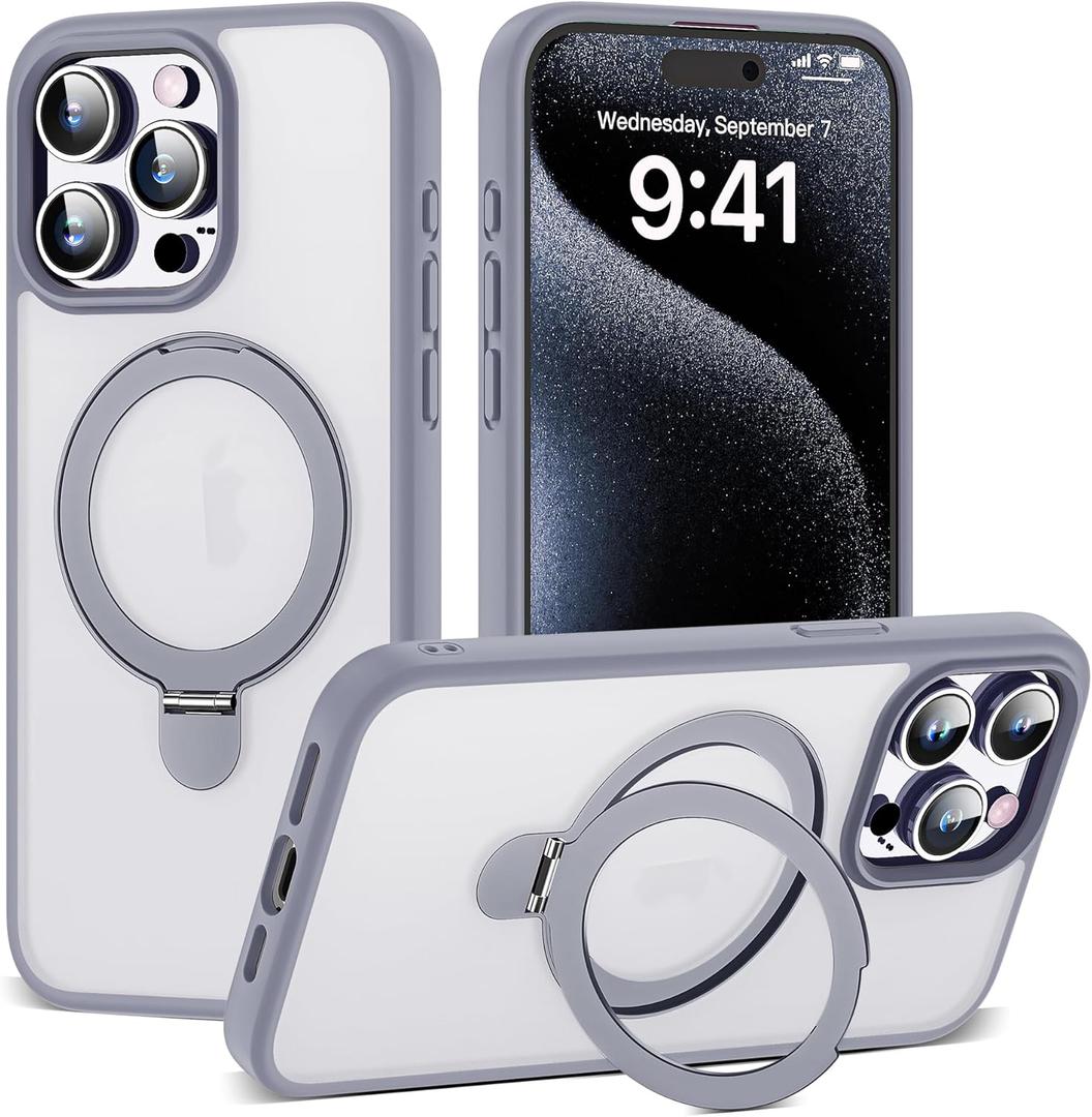 Designed for iPhone 15 Pro Max Case with Magnetic Ring Stand [Compatible with Mag-Safe] [Military Drop Protection] Shockproof Translucent Phone Cover 6.7" for Women Men,Grey (Gray)