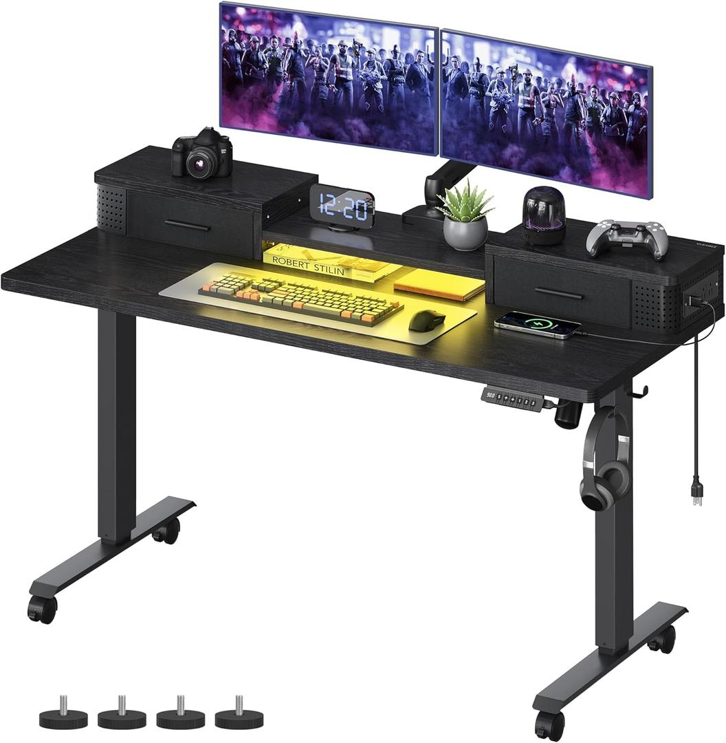 VASAGLE Electric Standing Desk with Drawers, 55.1 x 23.6 Inches, Sit Stand Desk with Power Outlet and LED Lights, Adjustable Height, Storage Shelf, 3 Memory Buttons, for Home Office, Ink Black