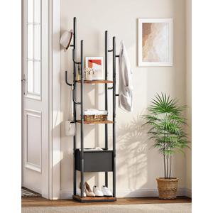 CHOEZON Coat Rack Freestanding, Coat Rack with 3 Shelves, 8 Hooks and 1 Fabric Pouch, Square Coat Hanger Stand, Metal Clothes Tree for Living Room, Bedroom, Entryway, Rustic Brown and Black TYM03BF
