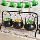 Zcaukya St. Patrick's Day Decorations, 3 Packs Plastic Witch Cauldrons Hanging On Iron Rack, Black Witch Pots Set with Stand Candy Holders for Haunted House Party Supplies Tabletop Decor