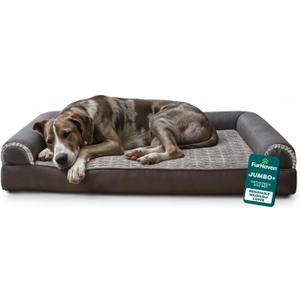 FurHaven Orthopedic Dog Bed For Large Dogs, Sofa Contour Mattress with Solid Orthopedic Foam Slab for Joint Support, Removable Washable Cover, Jumbo Plus XXL, Faux Fur, Charcoal