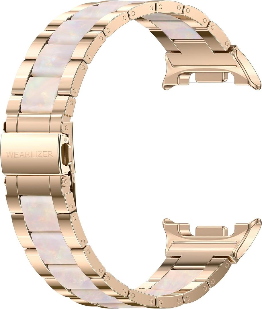 Wearlizer Stainless Steel Bands Compatible with Samsung Galaxy Watch 8 Band 40mm 44mm/Watch 8 Classic 46mm for Women Men, No Gap One-Click Dressy Metal Fashion Rose Gold Bracelet with Resin Inlay
