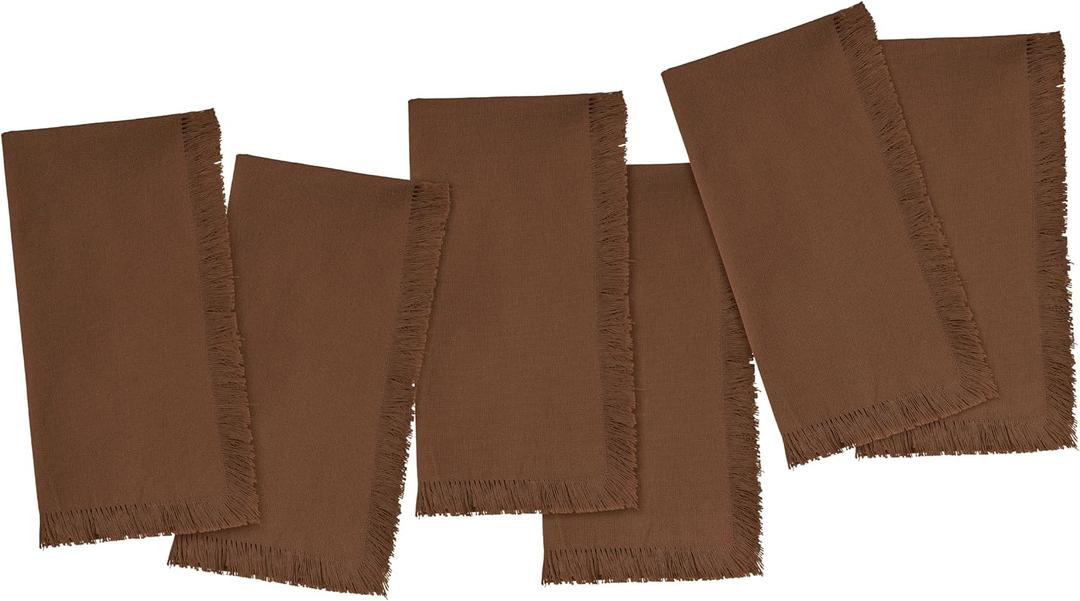 Blue Needles Handmade Cotton Linen Cloth Napkins with Fringes - Set of 6 Nut Brown Dinner Table Napkins 18x18 Inch Hemmed Edges Washable, Soft, Reusable Perfect for Christmas, New Year & Family Dinner