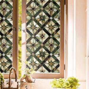 Boho Golden Vintage Geometric Dark Green Ethnic Stained Glass Window Films Decorative Double-Side Privacy Film Self-Adhesive Static Glass Window Clings for Living Room Bathroom Glass Windows Decor, 15.7"x118"