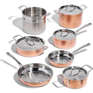 Lagostina Martellata Tri-ply Hammered Copper 11 PC Pots and Pans Cookware Set, Copper