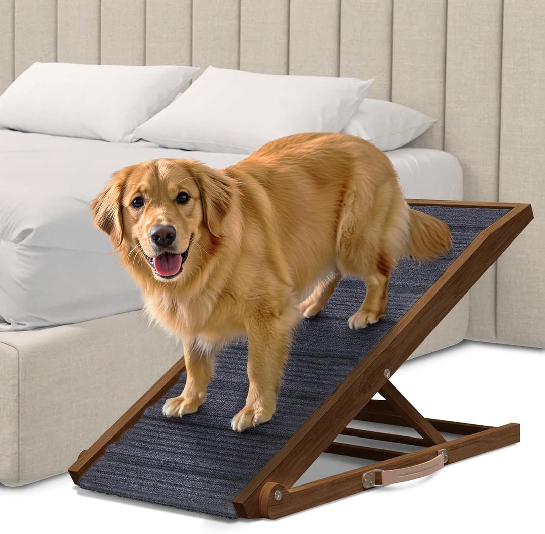 Adjustable Dog Ramp for Bed - Foldable Wooden Ramp for Dogs to Get on Bed, Couch, or Car with 16.5" Wide Walking Space (Walnut Wood with Gray Carpet, Large)