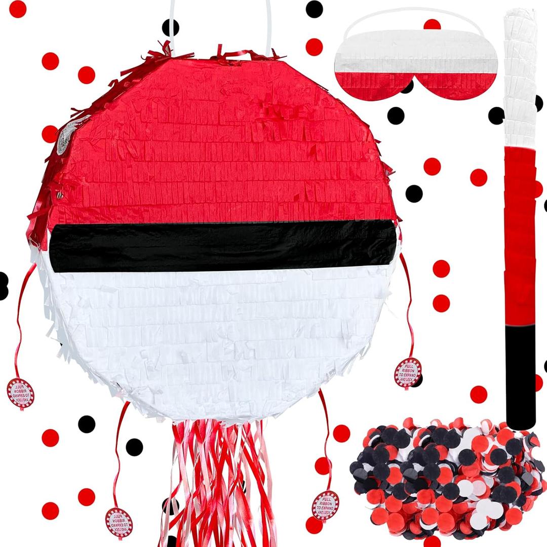 Foldable Red and White Ball Pinata Cartoon Animation Pull String Extendable Piata with Stick Blindfold Confetti for Anime Themed Fiesta Decorations Sports Team Party Video Game Nights Birthday Party