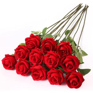 12PCS Realistic Red Silk Roses Bouquet, Artificial Flowers Fake Long Stem Roses, Fake Red Roses for Mother's Day, Home Decor & Wedding