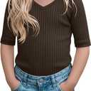 Toddler Girls Short Sleeve Shirt Cotton Ribbed Slim Fit V Neck Elbow Length Casual Soft Basic Top Kids Summer Tee (Brown)