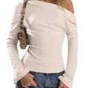 Verdusa Women's Off Shoulder Tops Long Sleeve Shirts Asymmetrical Top Flare Basic Tees Spring Outftis Apricot Small (Beige, S)