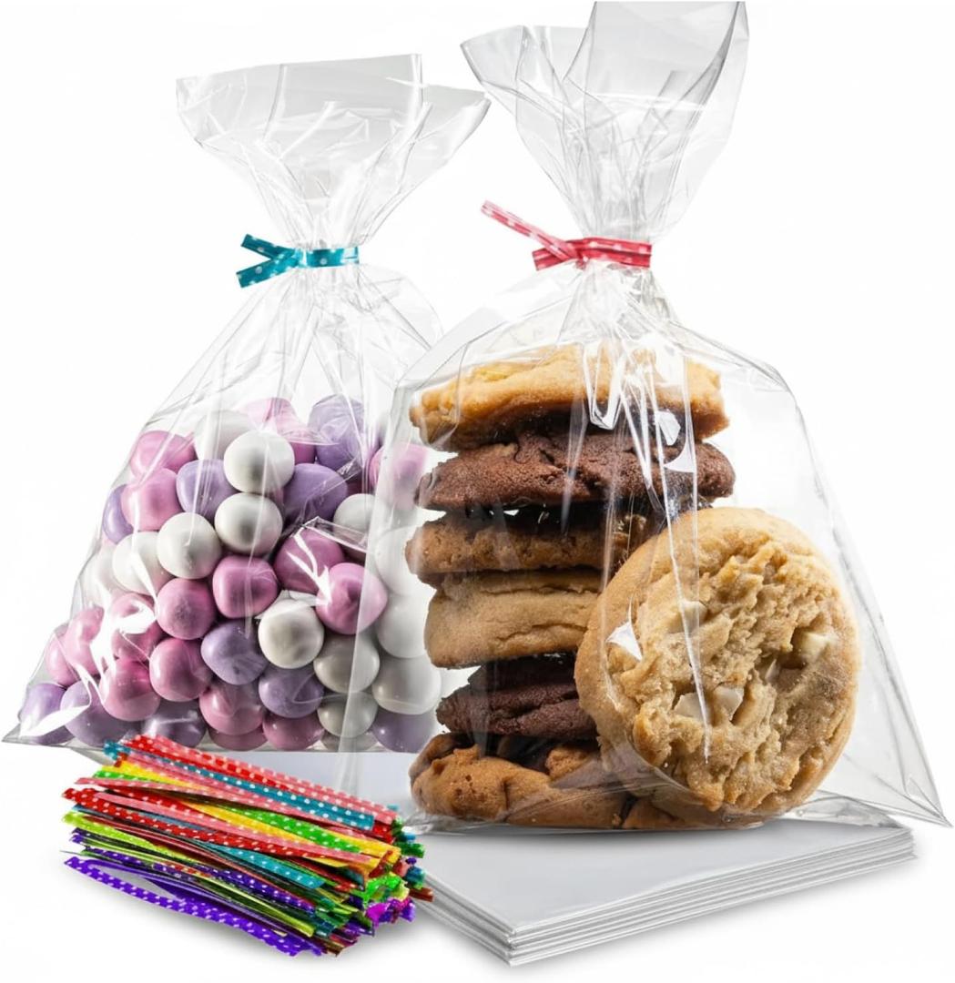 Prestee 200 Pack Clear Cellophane Bags for Favors - Transparent Goodie Bags for Birthday Party, 6x10 Inch Clear Bag with 4-Inch Twist Ties - Candy, Treat, Cookie Bag for Gift Giving