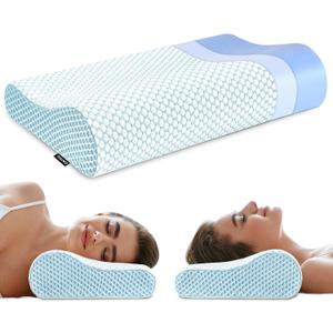 Memory Foam Bed Pillow for Sleeping, Ergonomic Cervical Contour Neck Support Orthopedic Pillow for Side Back Stomach Sleeper, Neck and Shoulder Pain (Blue)