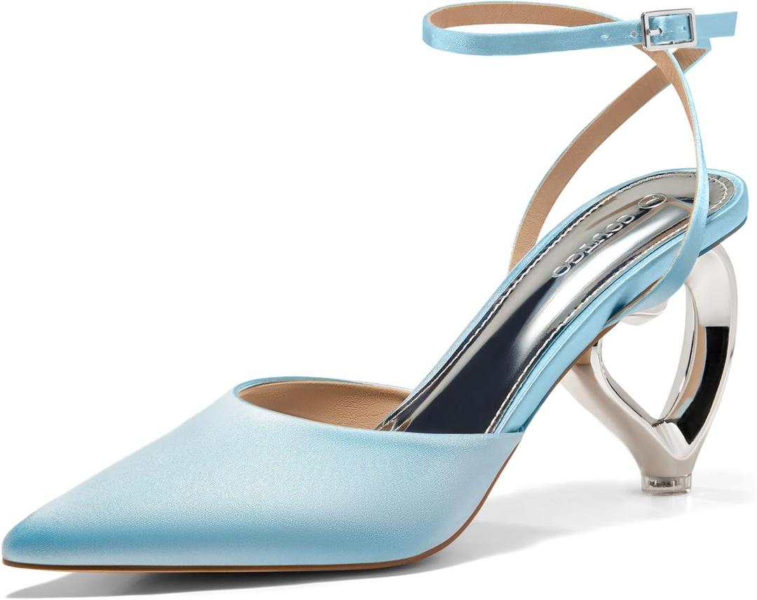 Coutgo Womens Kitten Heels Closed Pointed Toe Heart Heel Ankle Strap Satin Pumps Wedding Prom Dress Valentine Shoes, Size 8