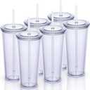 24oz Double Wall Plastic Tumblers with Lids and Straws | Large Classic Travel Tumbler | 6 Pack Set of 6 | Clear Reusable Cups with Straws | BPA Free