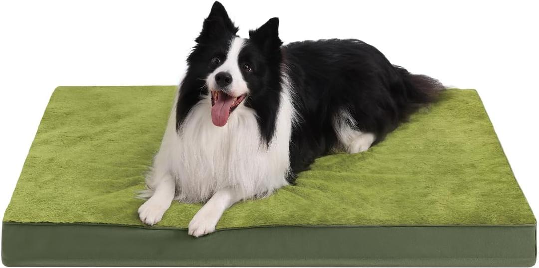 KSIIA Orthopedic Dog Bed Crate Waterproof Pet Mats for Large Dogs Deluxe Plush Washable Pet Bed with Egg Crate Foam & Removable Cover, 35 x 22 Inch, Green