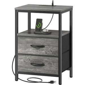 Huuger Nightstand with Charging Station, Fabric Drawers, End Table with Open Shelf, Bedside Table with USB Ports and Outlets, Night Stand for Bedroom, Gray (11.8"D x 15.7"W x 23.6"H (2 Drawers), Grey)