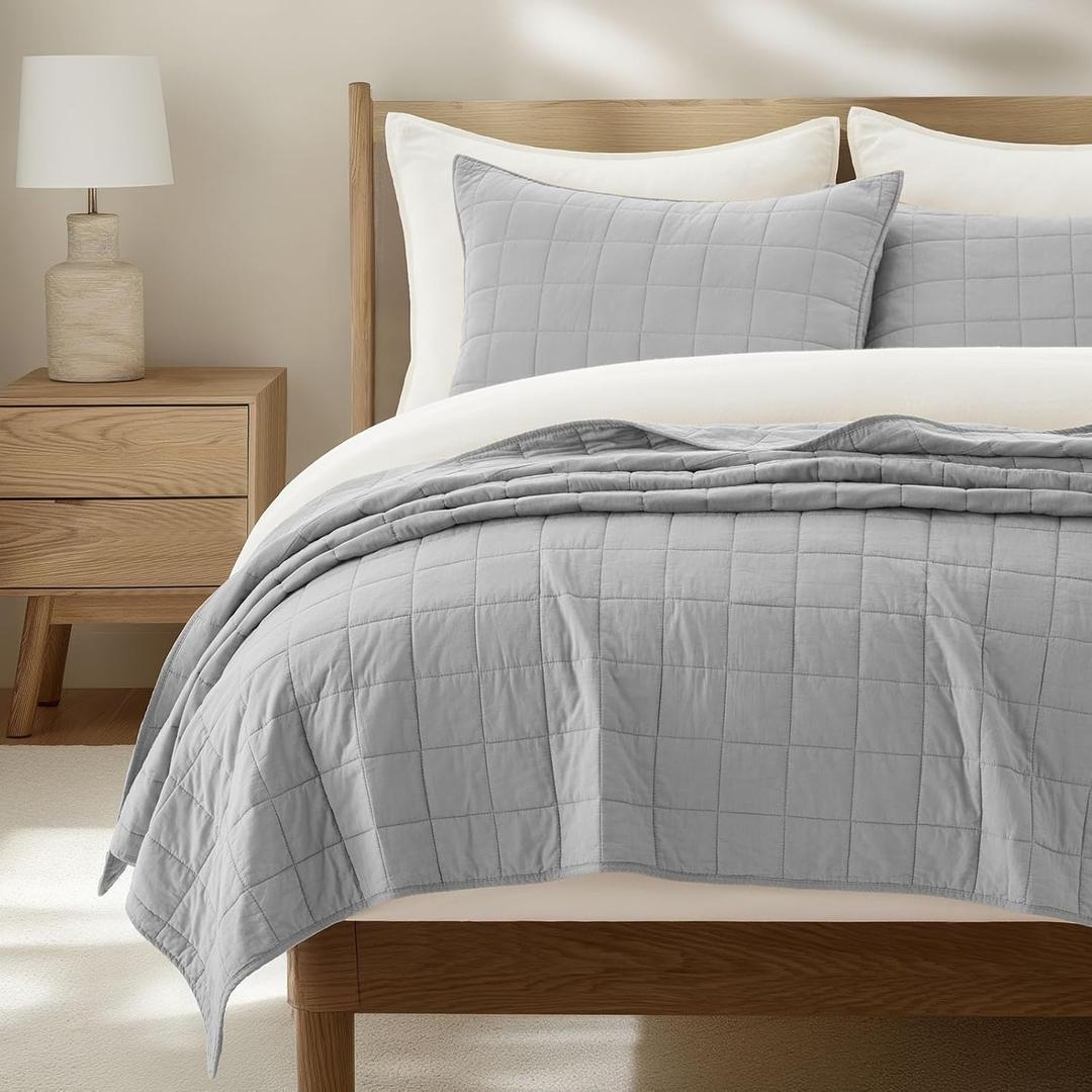 EVERGRACEHOME 100% Cotton Box Stitch Quilt Bedding Set Queen Size 3 Pieces, Garment-Washed Lightweight Soft Cozy Coverlet, Quilted Bedspread Sets with 2 Shams for All Season, Fog Gray | Box Stitch Design, 100% Cotton, Soft, Oversized, Pre Washed, Oeko-Tex Certified, Full/Queen
