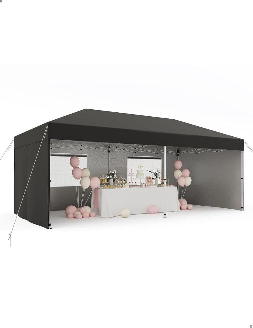 10x20 Pop Up Canopy Tent with 4 Sidewall - One-Button Instant Setup, Heavy-Duty 210D Oxford Fabric & Rust-Proof Frame - 3 Adjustable Heights, Roller Bag, 6 Sandbags - UV Protection for Beach, Party (Black)